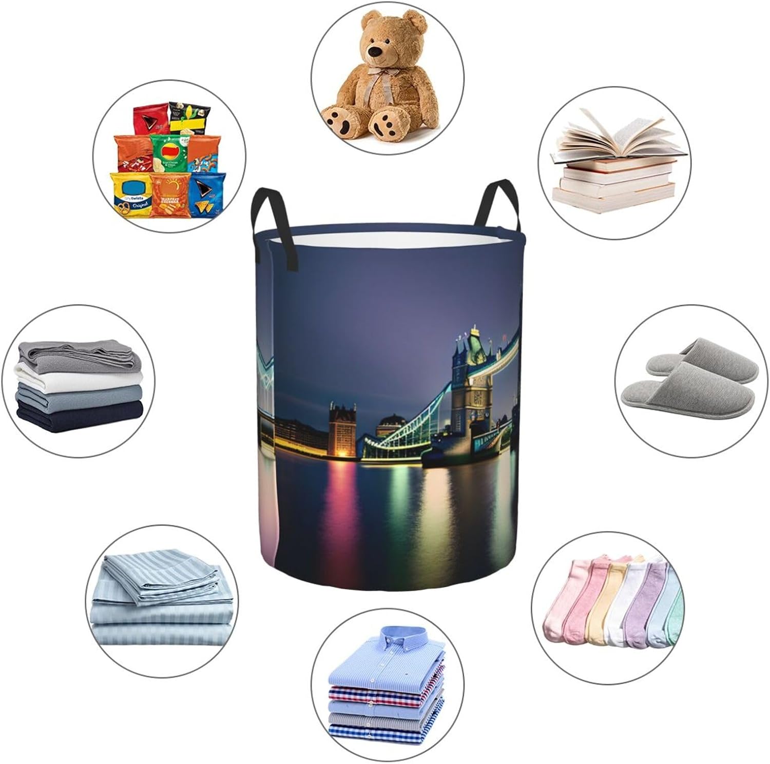 SSIMOO Night London Tower Bridge Dirty Clothes Basket,Oxford Cloth Washing Basket For Clothes Storage Organization, Small