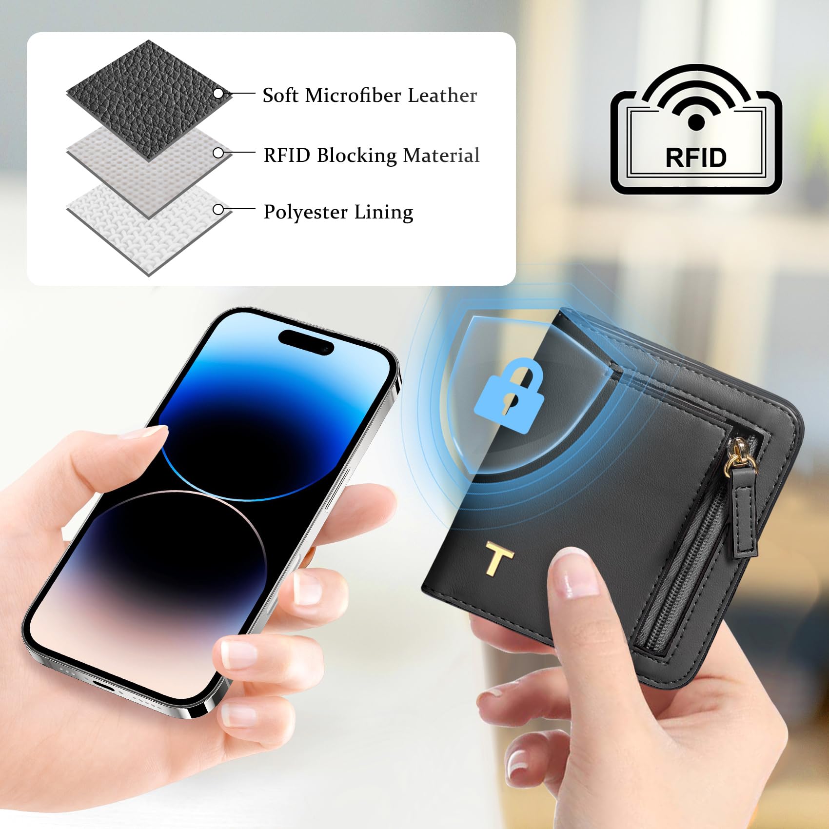 COSHASYOO Womens Initial Letter RFID Small Wallets Monogram Slim Thin Ladies Wallet Travel Credit Card Cash Coin Holder, Women Fashion Accessories Daily Use Outfits Essentials Cool Gifts Black T