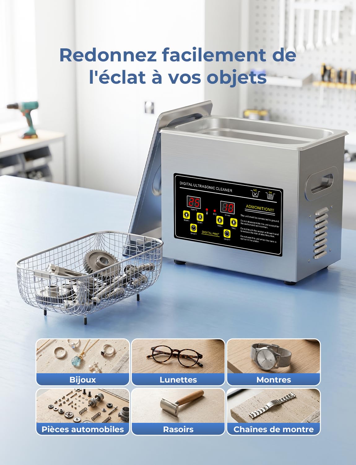 Nettoyeur à Ultrasons Acmeenjoy, 230 W, 3 L. Appareil de nettoyage ultrasonique avec affichage numérique, durée de nettoyage de 5 à 30 minutes, idéal pour le nettoyage de bijoux, lunettes et montres