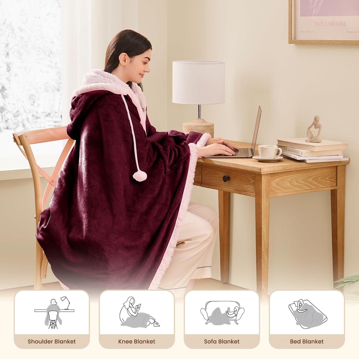 Heated Electric Blanket Shawl: Heating Throw Heated Poncho - Wearable Blanket Hoodie Wrap Sherpa with 10 Heat Levels & Multi Heating Time Settings (40x70'' Wine Red)