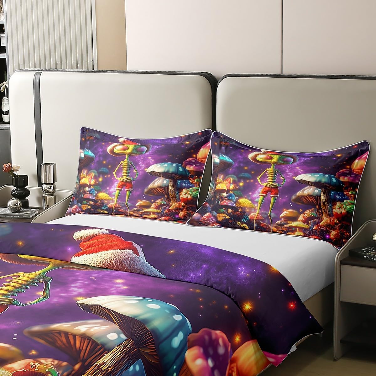 Natural Cotton Cute Alien Duvet Cover Full for Kids Boys Teens,Nature Botanical Plants 3 Pieces Duvet Cover,Trippy Mushroom Flowers Comforter Cover (Not Comforter),Glitter Galaxy Sky Quilt Cover