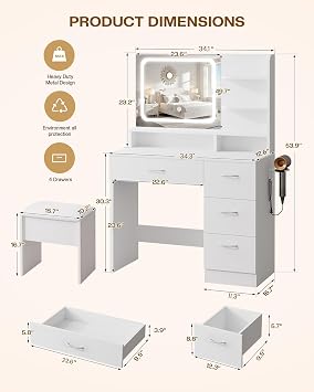 LIVELYGLOW Makeup Vanity Desk with Smart LED Mirror & Charging Station, 34.1 White Vanity Table Set with Cushioned Stool, 4 Drawers & Hairdryer Rack, Modern Bedroom Dressing Table-White