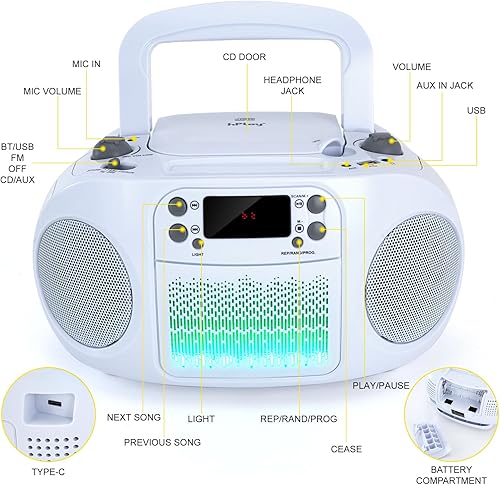 Miniatura 10 de hPlay GC09 Kids Boombox, reproductor de CD, conectividad Bluetooth para teléfonos inteligentes, conectividad AUX, USB, radio y MP3, función de