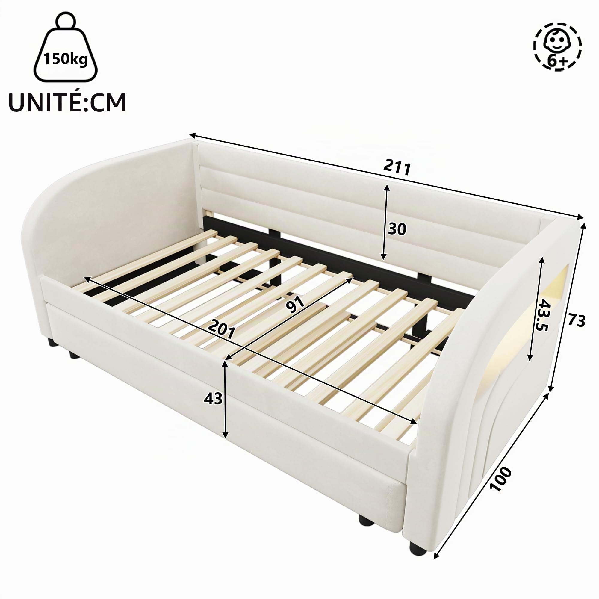 Lit 90x200 cm Capitonné avec Sommier à Lattes et Banquette Gigogne LED RGB - Lit Plateforme Design en Velours pour Chambre Décoration Moderne - Cadre de Lit Robuste et Confortable