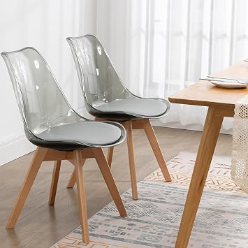 Clear Dining Chairs Set of 2, Modern Acrylic Dining Chair Transparent Chairs with PU Leather Cushions Seat & Wood Legs, Side Chairs for Dining Room Kitchen Restaurant Balcony Grey