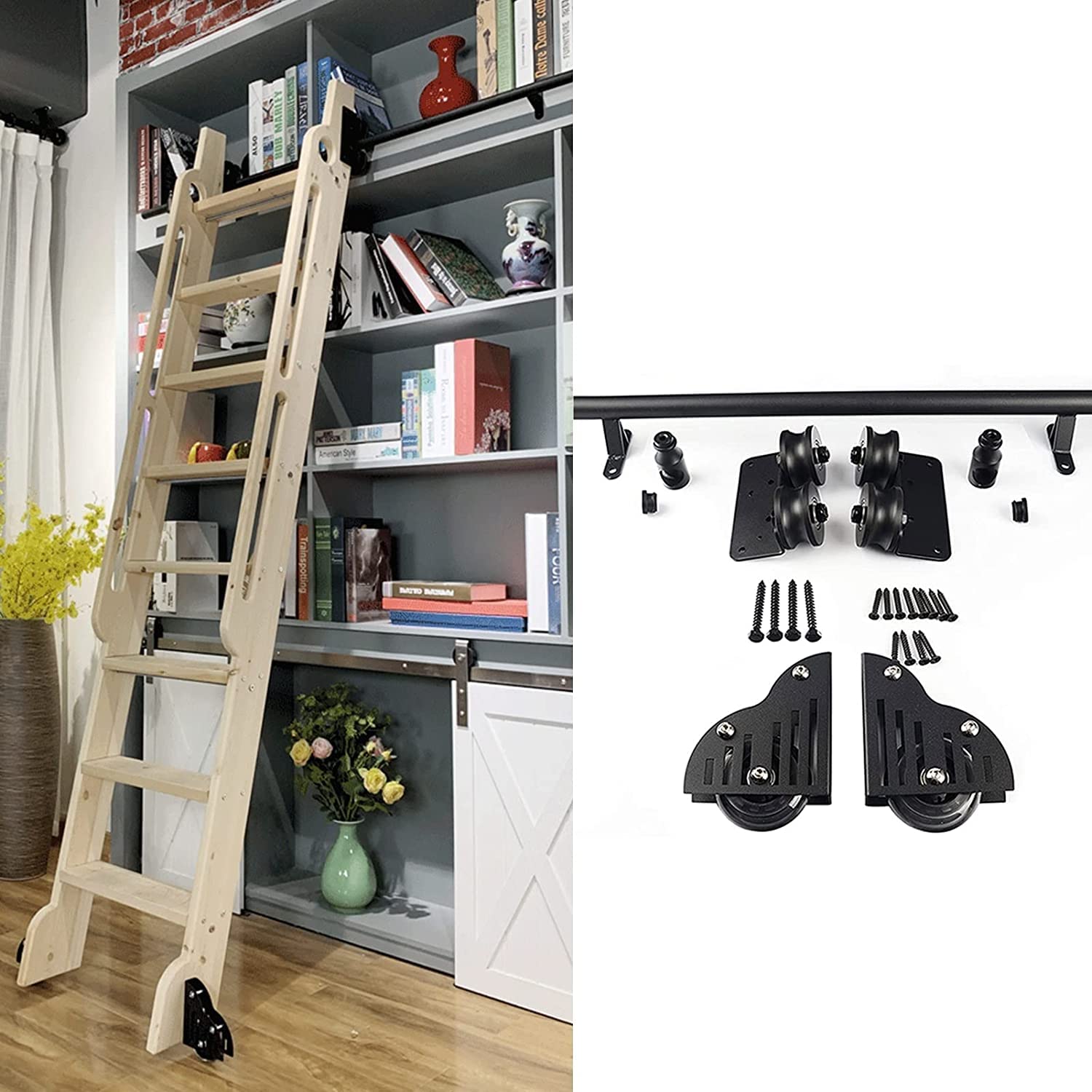 Mobile ladder track， 3.3ft-20ft Ladder Library Full Set Hardware Rolling Track,Steel Round Tube Mobile with Floor Roller Wheels
