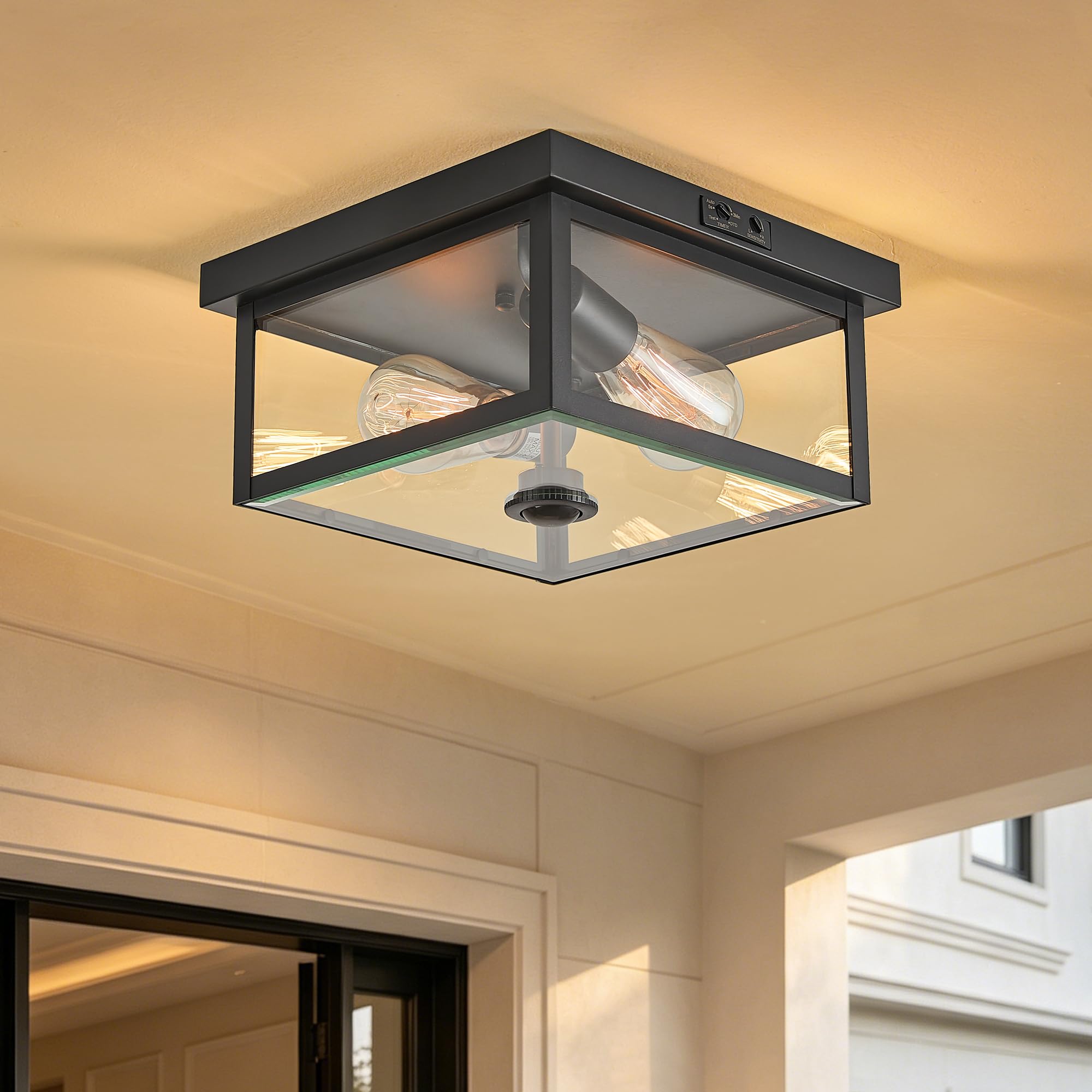 Lámpara de techo ajustable con sensor de movimiento para exteriores, diseño moderno de cuadrados, montaje empotrado, 2 luces texturizadas, color negro con vidrio transparente para tu porche, garaje