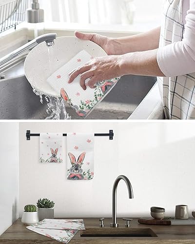Miniatura 6 de Artwork Store 2 Packs Kitchen Towel Cotton Waffle Weave, Easter Bunny Pink Flowers Absorbent Quick Drying Dish Cloths for Kitchen Living Room