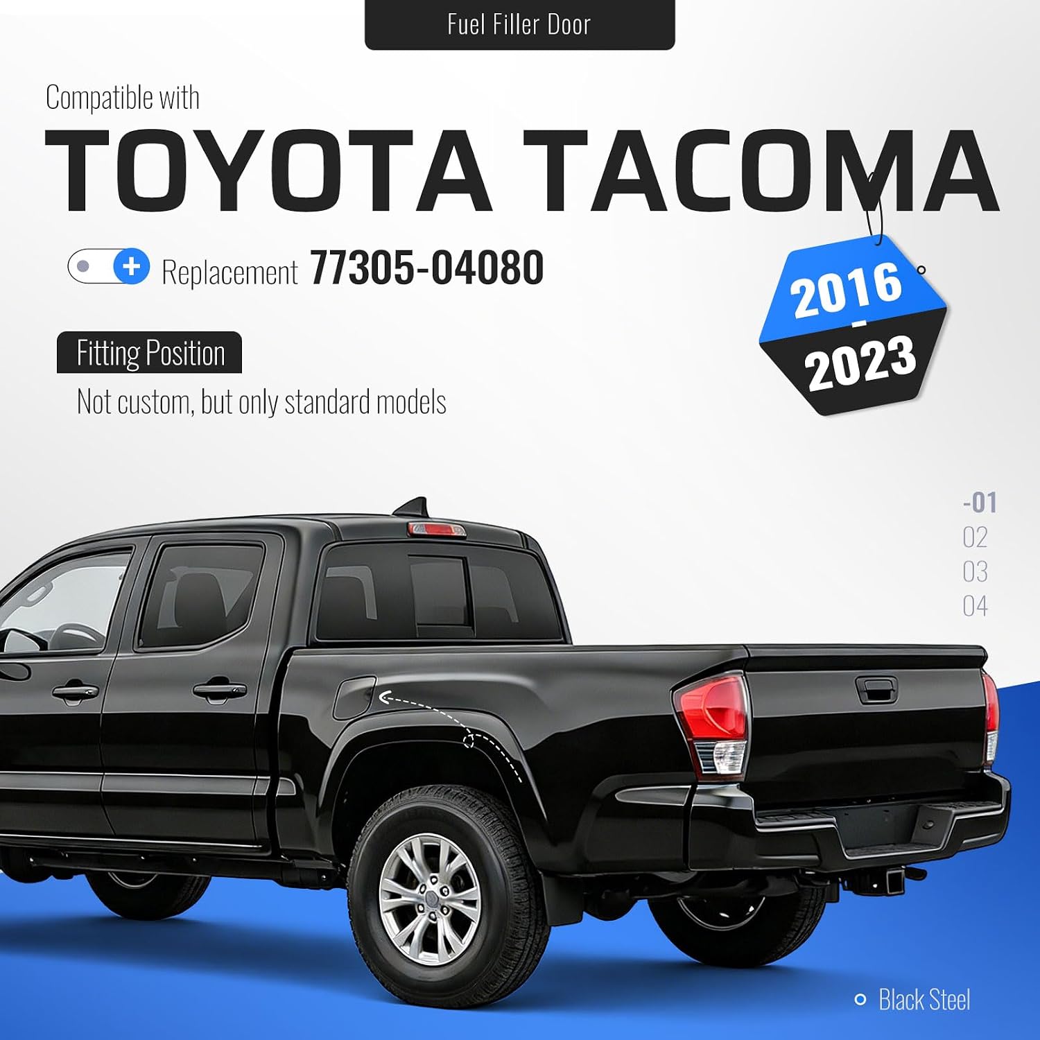 Fuel Filler Door Lid Cover Gas Compatible with 2016-2023 Toyota Tacoma Fits 5ft bed Tank Door Cover Replace 77305-04080 Steel Powder Coated Black