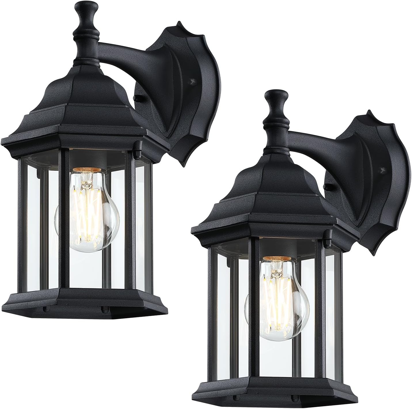 LIT-PaTH Outdoor Wall Lantern, Wall Sconce as Porch Lighting Fixture, E26 Medium Base Max 60W, Aluminum Housing Plus Glass, Matte Black Finish, 2-Pack