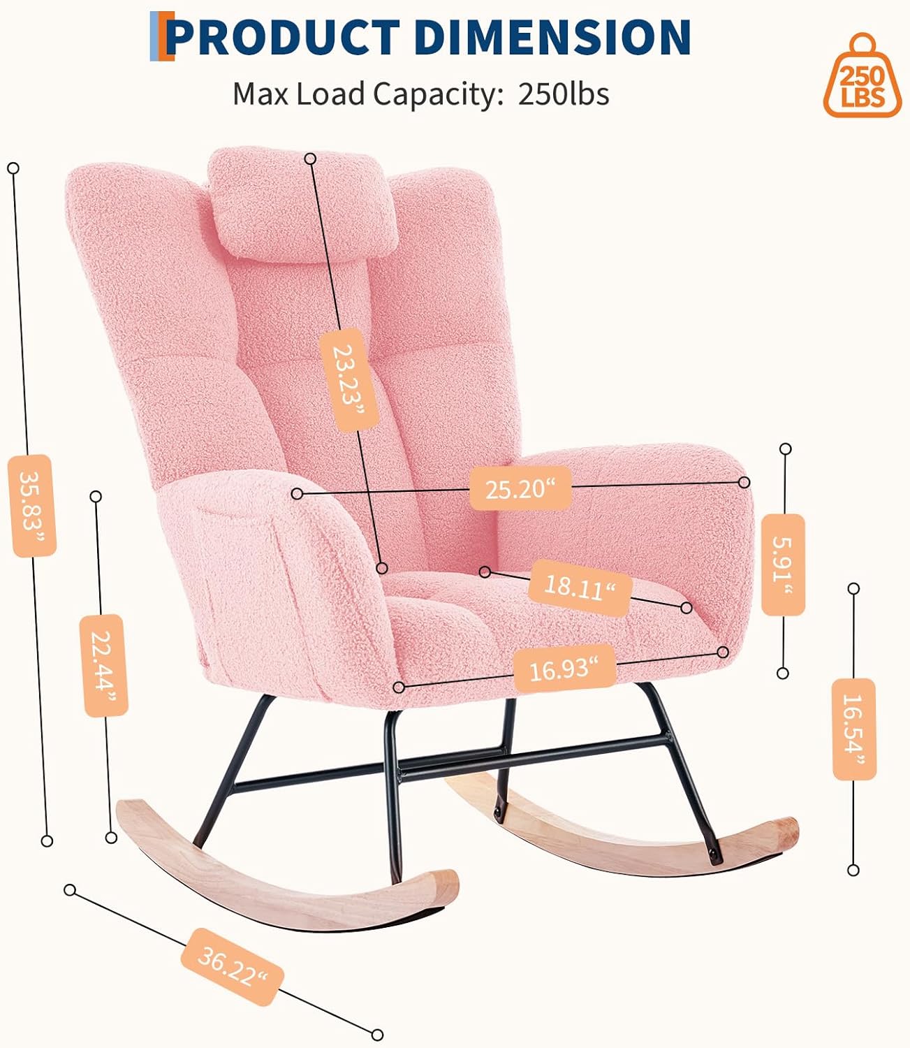 Upholstered Nursery Rocking Chair with Teddy Fabric, High Backrest and Padded Seat, Modern Accent Glider Recliner for Living Room, Bedroom and Reading Nook, Pink