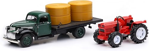 Juego de tractor vintage Dodge Power Wagon fundido a presión a escala 1:32 con remolque y 3 balas de heno, construcción duradera de ruedas libres