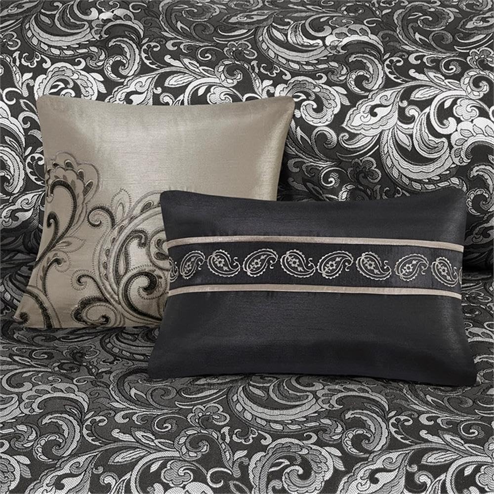 Pemberly Row Modern 24-Piece Room in a Bag Comforter Set, Faux Silk Polyester, Black Finish, Includes Curtains, Sheets, Decorative Pillows, Bed Skirt, Shams, Luxurious Jacquard Paisley Design for