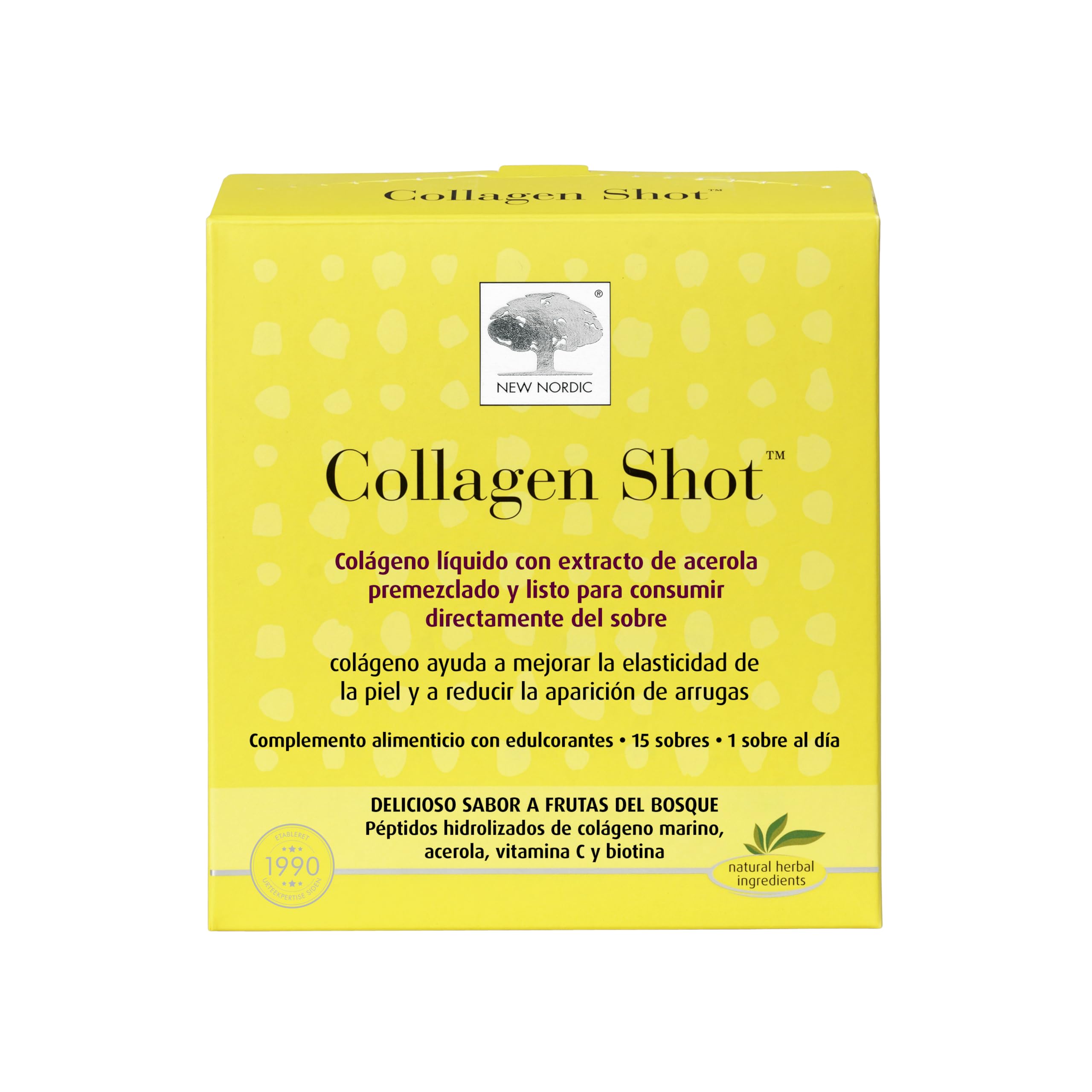 New Nordic Collagen Shot | Colágeno Líquido | Vitamina C | Biotina | Sabor Frutas del Bosque | 15 Sobres | Suplemento Alimenticio | Natural