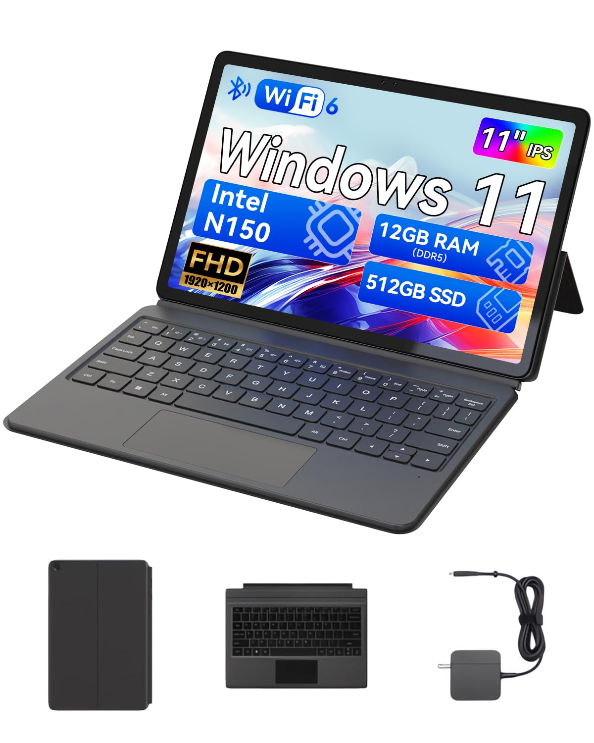 BNCF NewBook 11 Laptop Tablet 2-en-1, Twin Lake N150 12GB RAM LPDDR5 512GB SSD, Win 11 Pro PC Pantalla Táctil FHD 11", Soporte Micro HDMI con Teclado Magnético Pogo Pin y Soporte