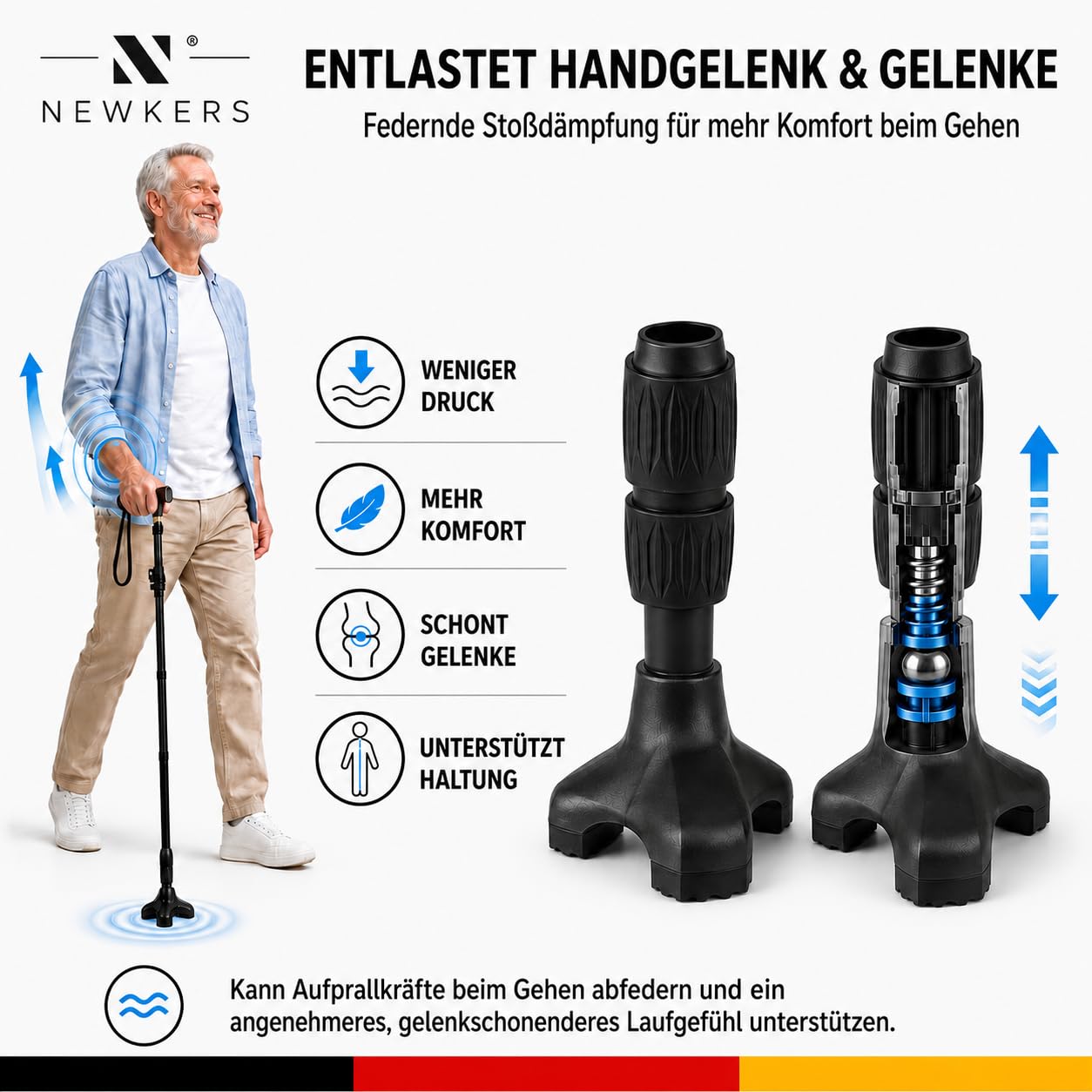 Pie de punta universal que absorbe los golpes – Tri-pie estable para bastones de 3/4" y 5/8", punta de repuesto antideslizante de 3 puntos con rotación de 360° para una muñeca suave