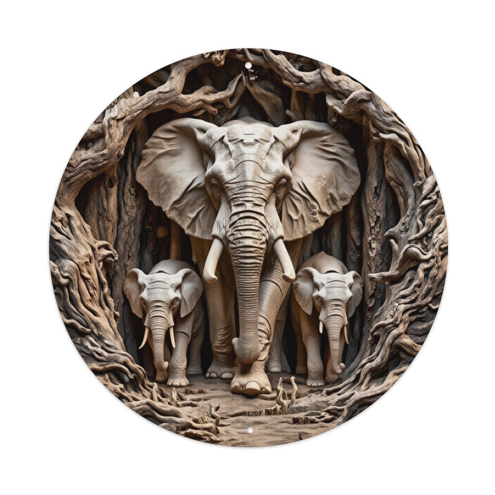 Elephant Family Tree Carving Art Round Tin Sign Vintage Metal Poster, Home Bar Garage Man Cave Cafe Indoor & Outdoor Wall Decoration 8x8Inches