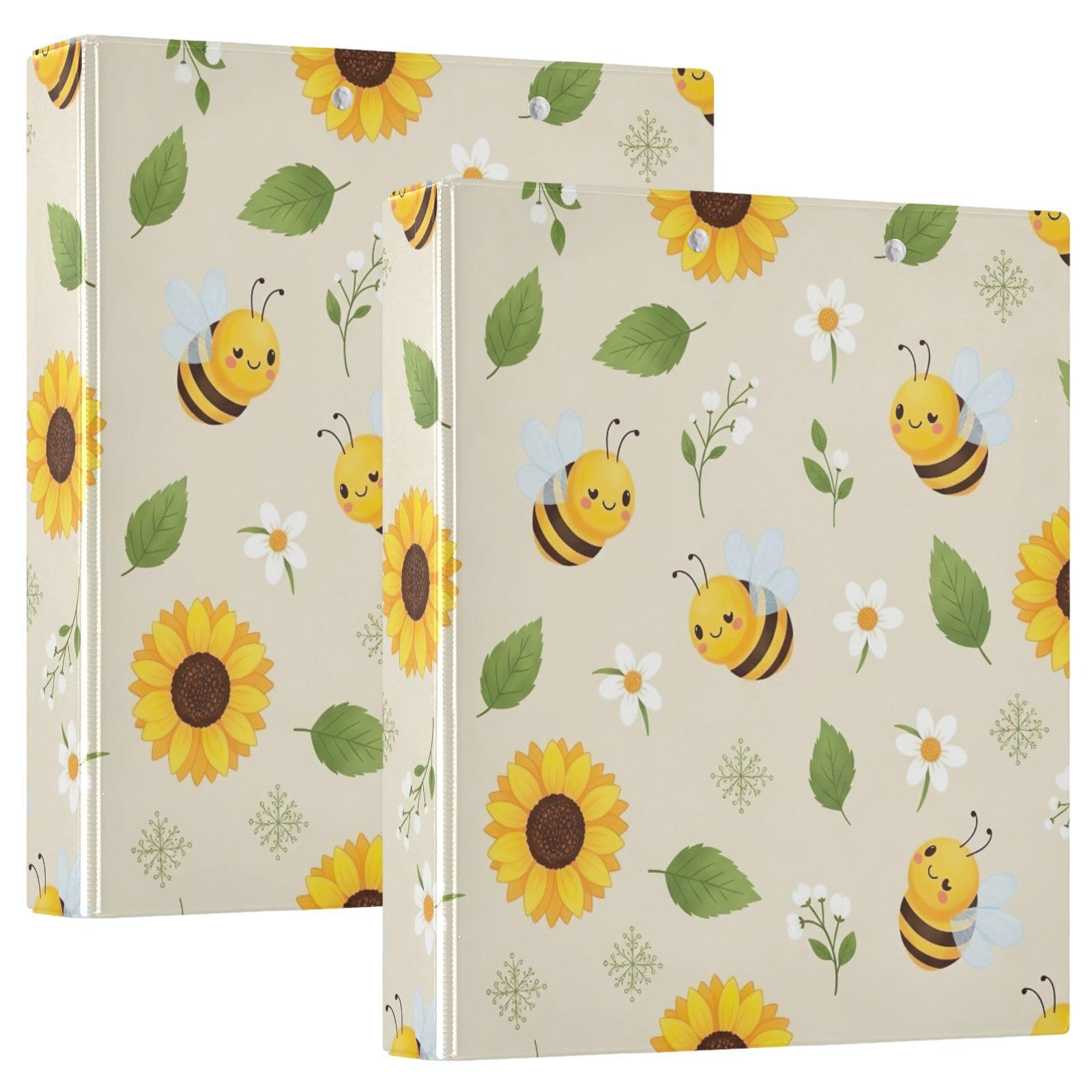 Raccoglitore a 3 anelli, confezione da 2 raccoglitori ad anelli a D con motivo api in stile cartone animato, fiori gialli, con portablocco, grandi raccoglitori a 3 anelli, per scuola, università