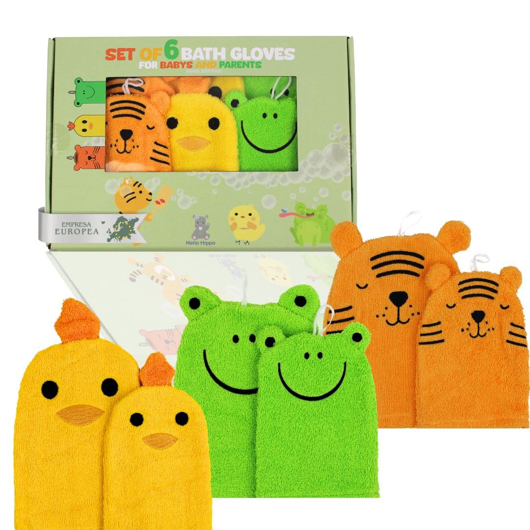Hello Hippo® Juego de 6 Manoplas de Baño Bebé – 3 para Padres + 3 para Niños – 100% Algodón Suave – Tigre, Pollito y Rana – Esponjas Bebé, Recién Nacido Lavables