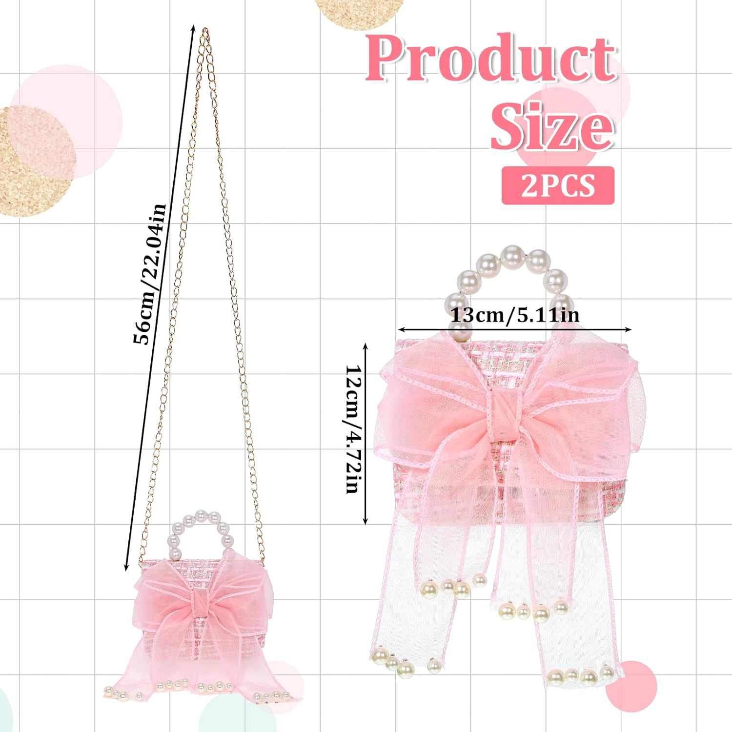 2 Pack Cute Crossbody Purse with Bowknot Shoulder Bag, Purse for Little Girls, Mini Toddler Crossbody Purses, Cute Fashion Princess Handbags with Pearl Handle Detachable Gold Chain - Image 2