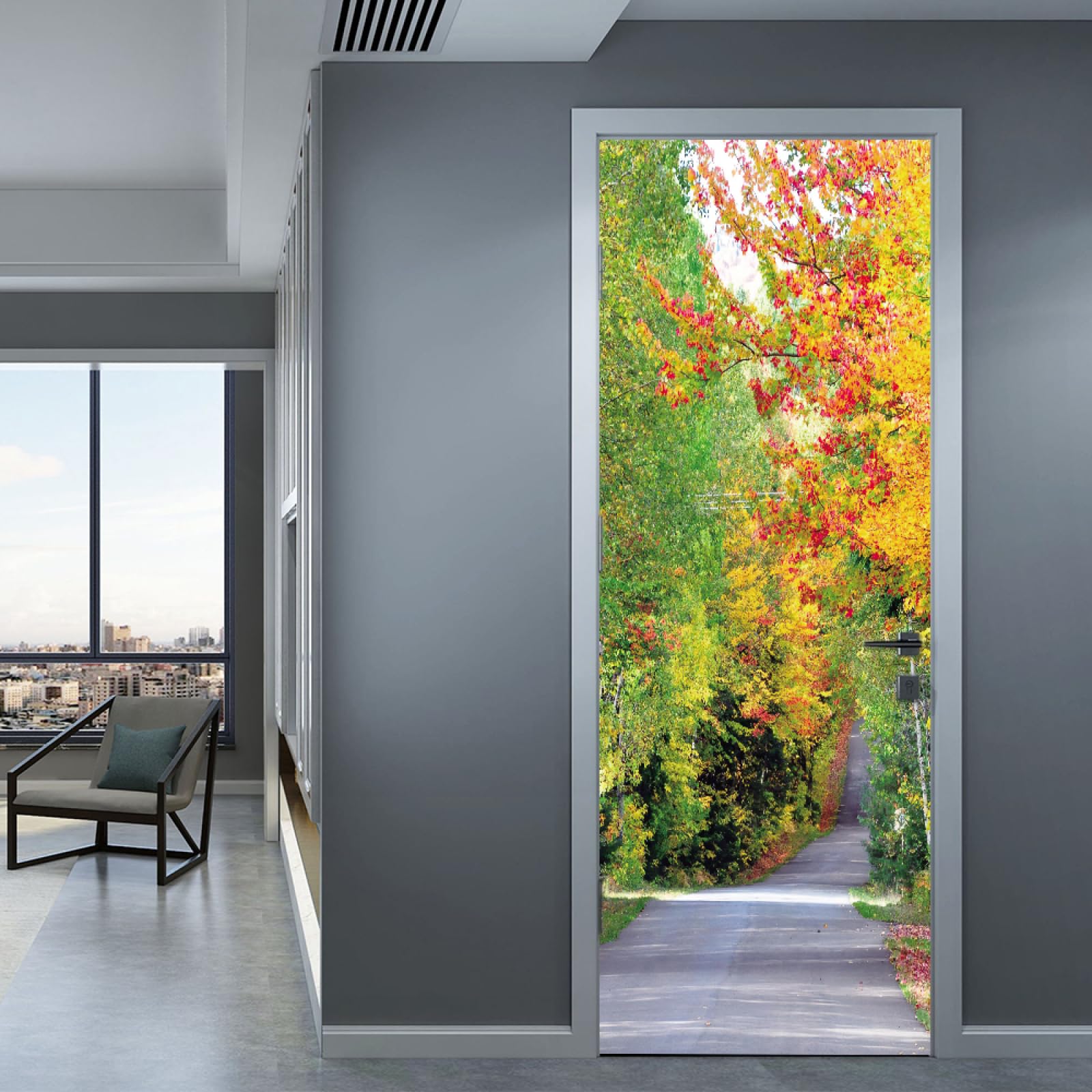 Sticker porte effet trompe-l'œil chemin des bois poster mural 95x215cm