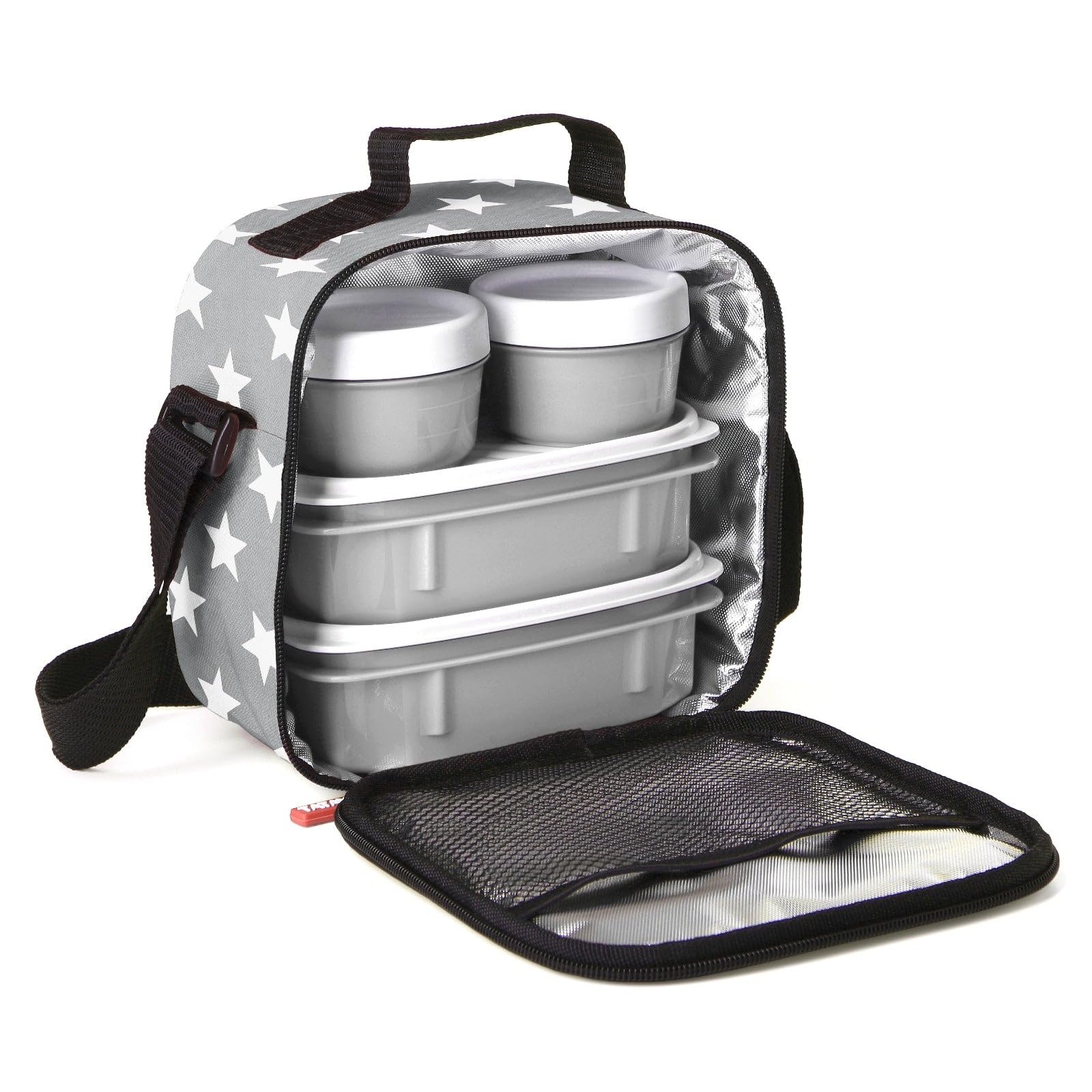 Tatay Bolsa Termica Porta Alimentos Impermeable - Urban Food Casual 3L | 4 Fiambreras: 2x0,5L + 2x0,2L | Triple Capa Aislante | Cuerpo Semirrígido | Bolsillo Interior | 22,5x10x22cm, Estrellas Gris