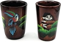 Vista 7 de Juego de 2 vasos de chupito de tequila de madera - Pintados a mano con diseños de mono y perezoso de la selva tropical costarricense - 1.5 fl oz