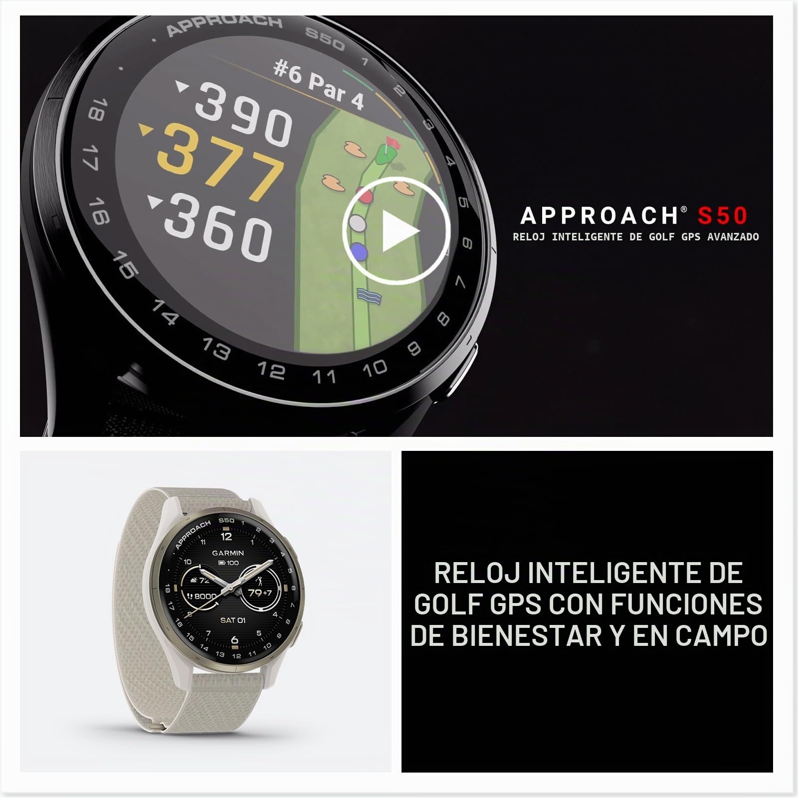 Garmin Approach® S50, Reloj GPS de Golf Inteligente, Pantalla AMOLED, características en el Campo, frecuencia cardíaca腕式, Bisel Dorado Crema Aluminio, Correa de Nailon