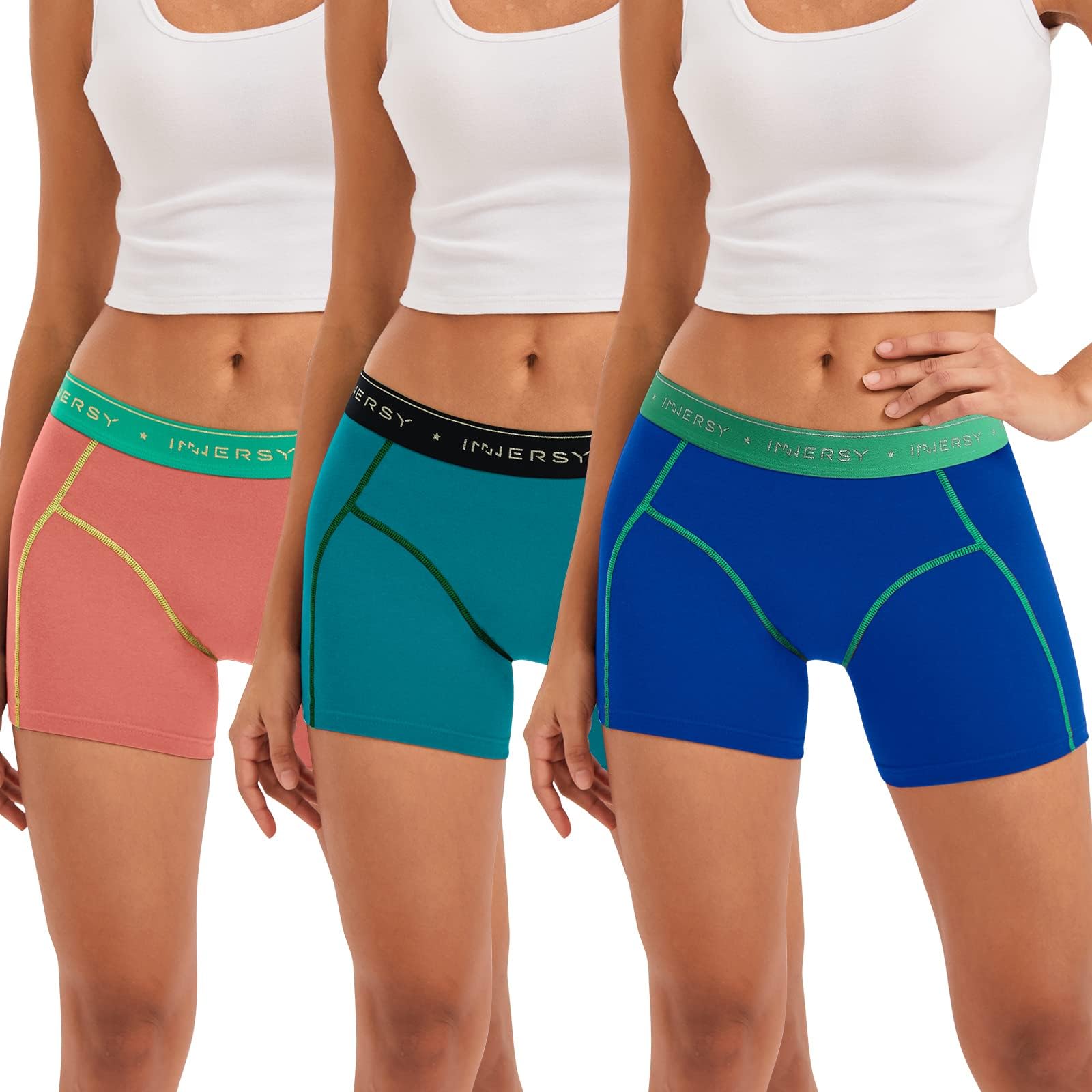 INNERSYWomens Boxers Underwear Cotton Ladies Boxer Shorts Mid Rise Sporty Boyshorts Panties 3 PackOEKO-TEX STANDARD 100