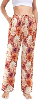 JUNZAN Cartoon Dahlia Terracotta Womens Pajama Pants Satin Silk Warm Lounge Pants Sleepwear S