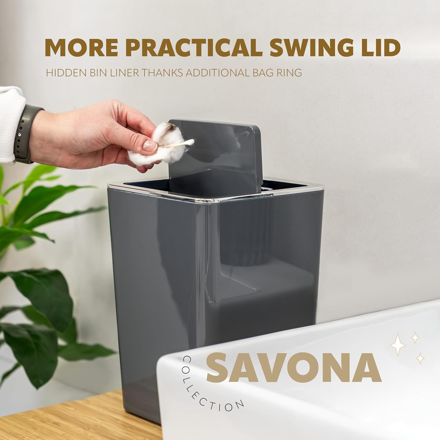 bremermann Savona 2-Piece Bathroom Set Cosmetic Bin 6 Litres and Toilet Brush Set with Wall Bracket Square (Plastic-gray)
