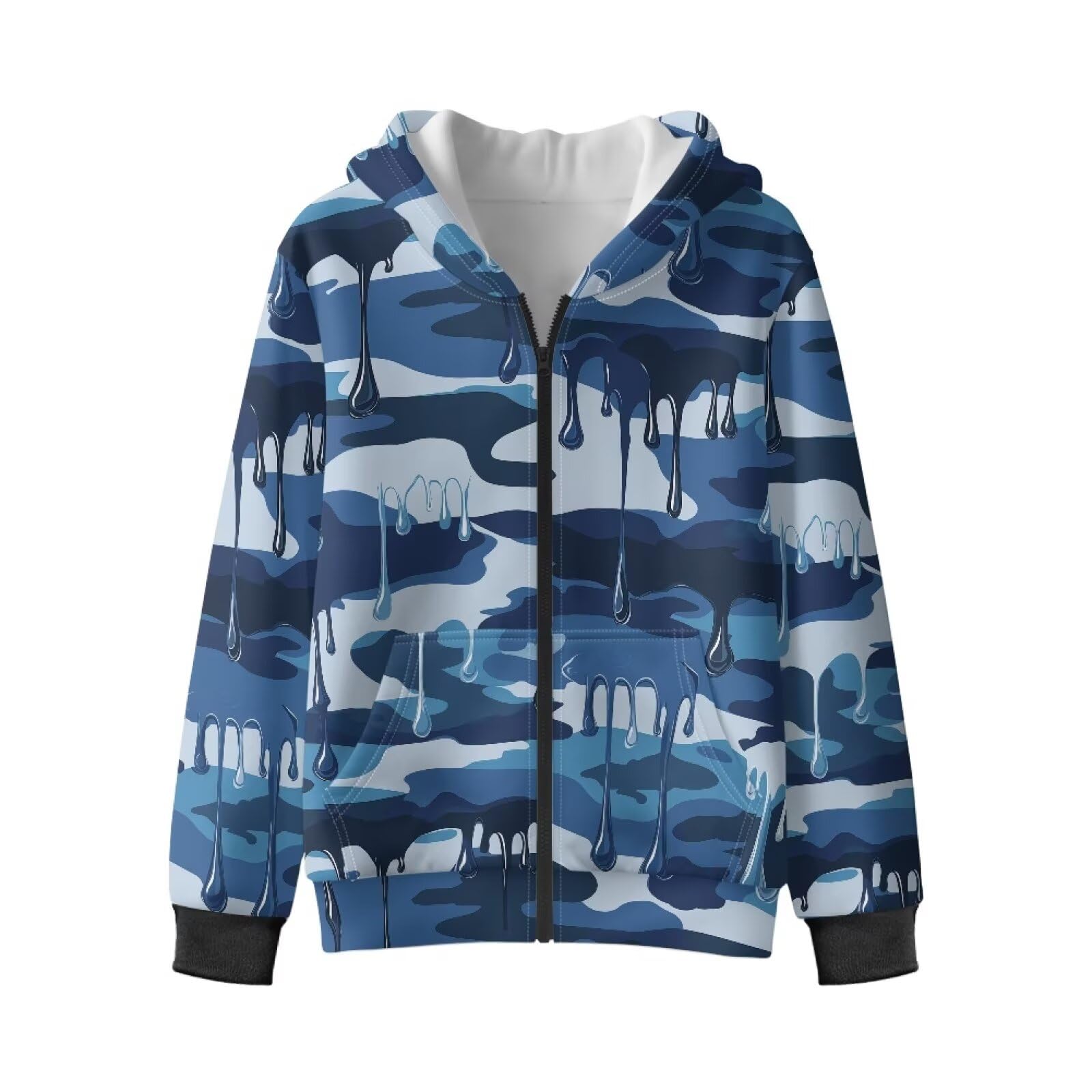 Xoenoiee Dziecięce bluzy z kapturem dla chłopców, zapinana na zamek, bluza 3D, fajna grafika zwierzęca, sweter z długim rękawem, top na jesień i zimę, Niebieski kamuflaż, 12-14 Years