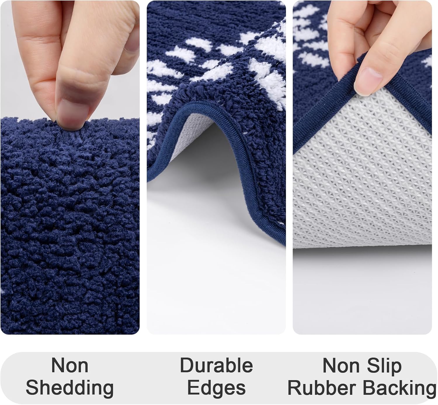 HEBE Floral Bathroom Rugs Set 5 Piece, Non Slip Washable Bath Mat Set for Bathroom, Absorbent Microfiber Bath Carpet with U-Shaped Contour Rug for Tub, Shower, Navy Blue