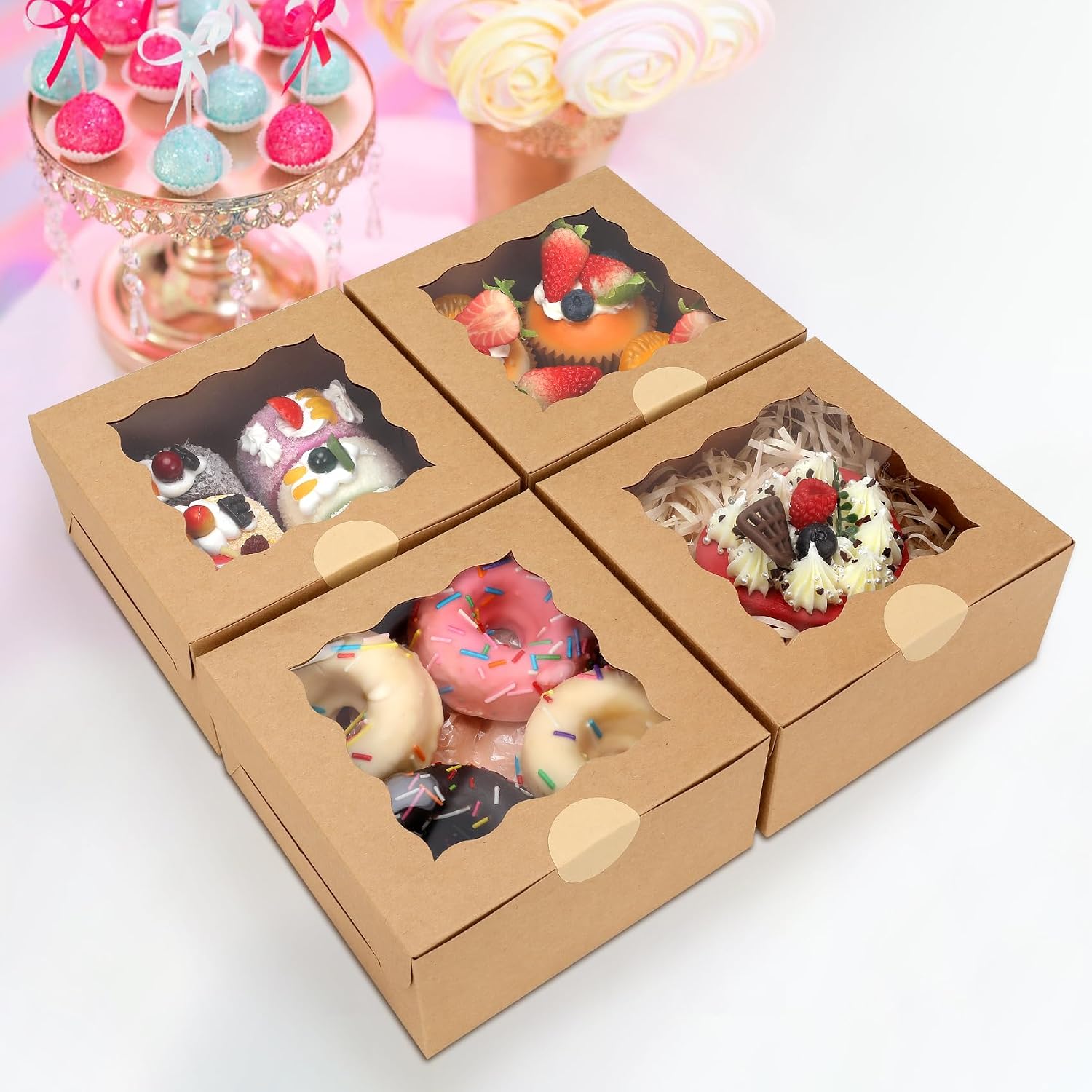 60 pcs Bakery Boxes with Window, 6 x 6 x 3 inches, Kraft Cookie Boxes Pastry Boxes for Baked Goods (Brown) image 3