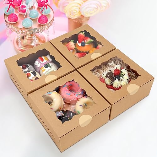 Miniatura 3 de 60 cajas de panadería con ventana, 6 x 6 x 3 pulgadas, cajas de galletas Kraft para pastelería (marrón)