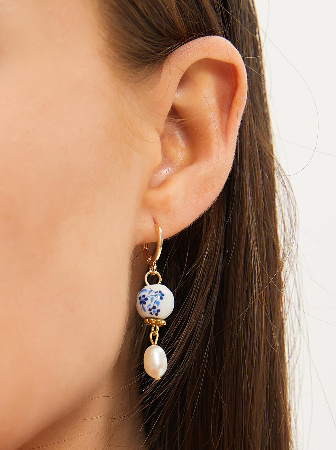 Blue Porcelain Genuine Freshwater Pearl Gold Huggie Earrings Blue White Floral Porcelain Pearl Earrings Small Hoop Earrings - Image 8
