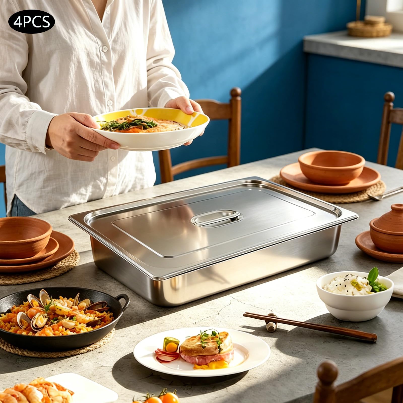Juego de 4 recipientes de acero inoxidable Gastronorm, tamaño 53,5 x 32,5 x 10 cm, recipiente para alimentos, apto para lavavajillas, apilables, para buffet, aperitivos, restaurantes, catering
