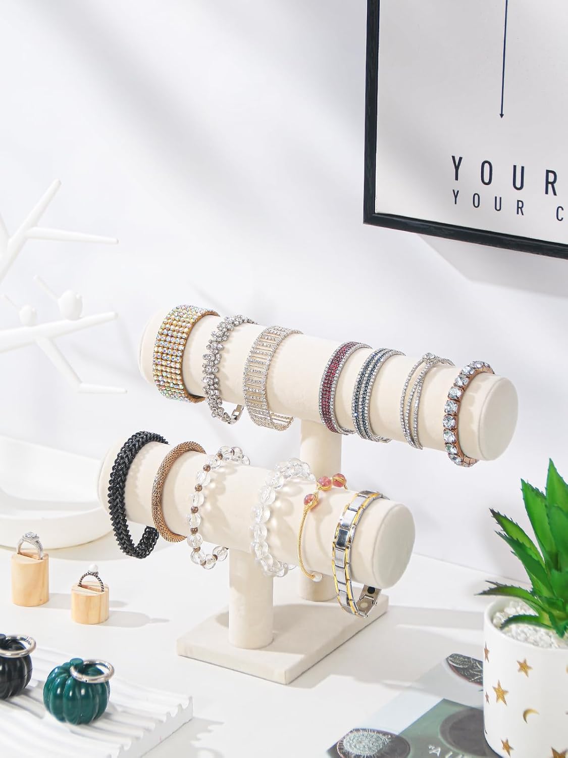 Coward 2 Tier Bracelet Holder Jewelry Display Stand, Necklace Bangle Bracelet Watch Organizer Storage Rack, Jewelry Show Tower for Women (Beige Velvet) - Image 2