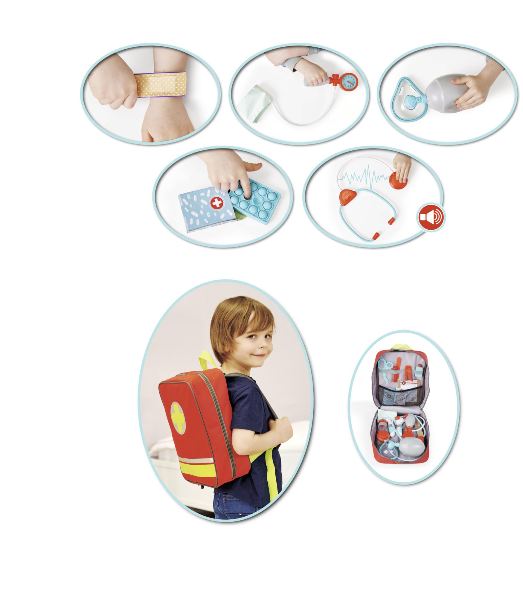 Simba Notarzt Rucksack, 20-TLG. Set, Stethoskop mit Soundfunktion und weitere lustige Funktionen, 24x30cm, Arztkoffer, Kinder Rollenspielzeug, ab 3 Jahren