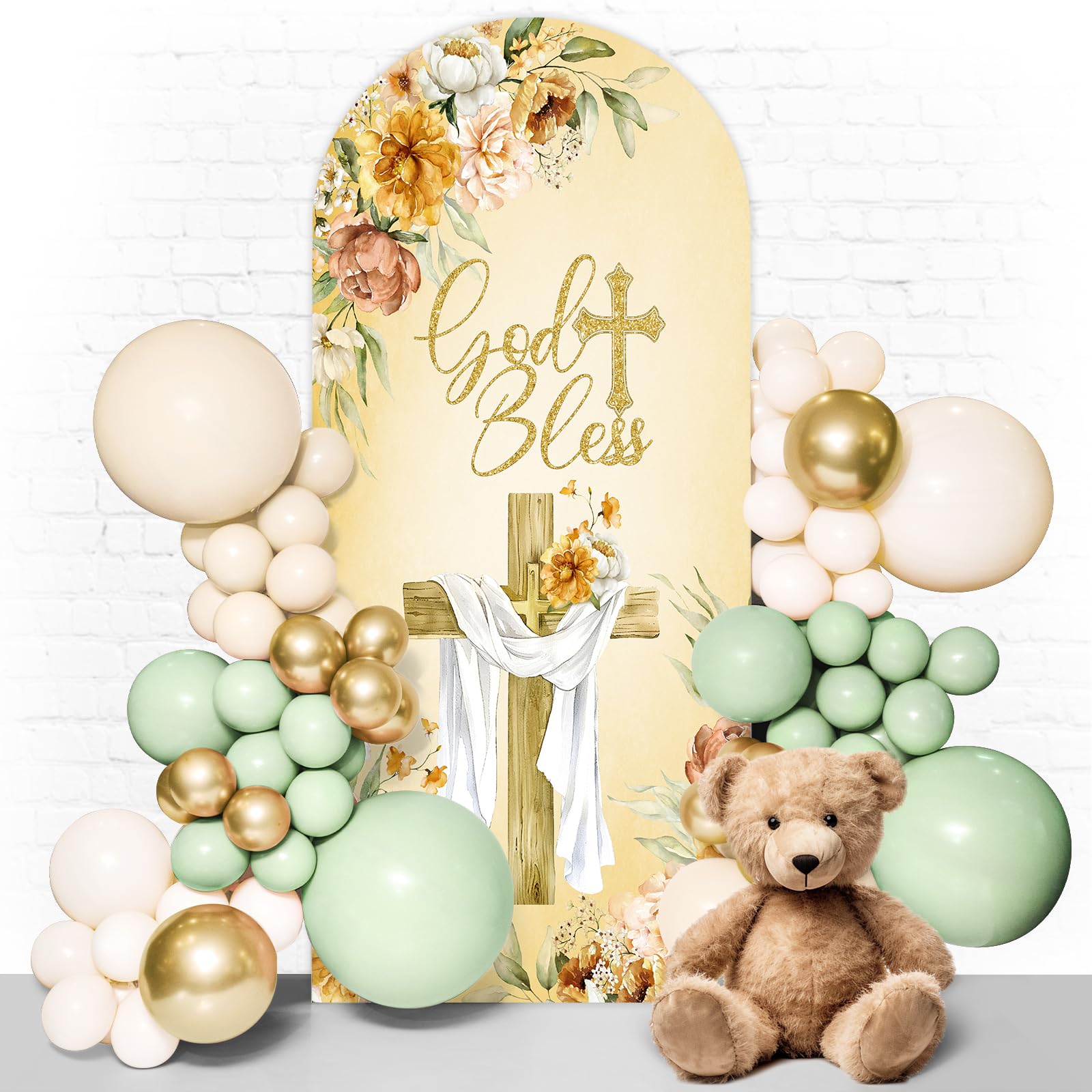 Baptism Arch Double Sided Backdrop God Bless Baptism Decorations 7.2FT First Communion Christening Party Arch Cover Photo Booth Decor for Birthday