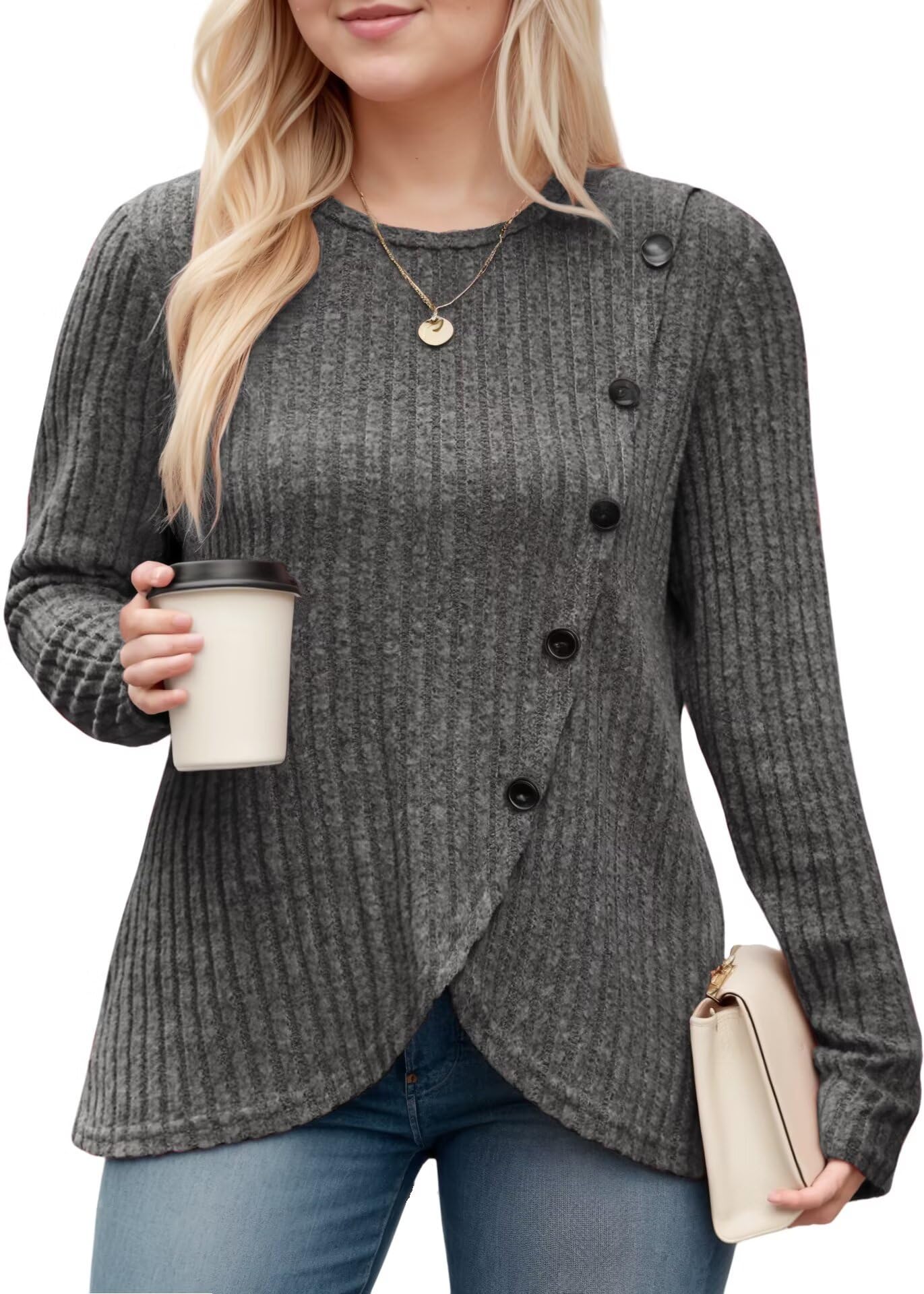 DOLNINE Womens-Plus-Size-Tops Casual Long Sleeve Shirts Trendy Button Side Split Fall Cute Tunic Sweatshirts XL-5XL