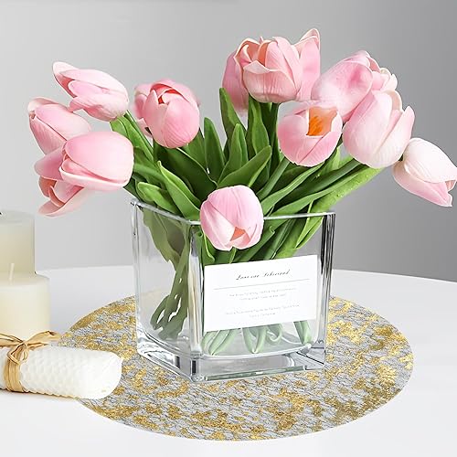 Miniatura 3 de Hysenm Juego de 50 manteles individuales desechables dorados metálicos redondos de 13 pulgadas de malla prensada, tapetes desechables ultrafinos