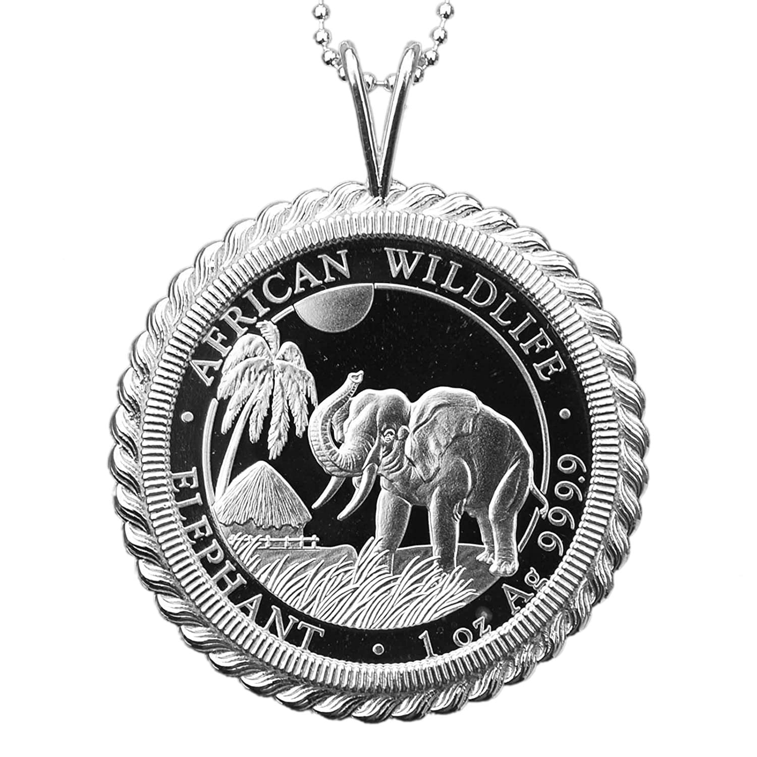 2017 Somalia 1 Oz .999 Fine Silver BU Unc Coin Solid 925 Sterling Silver Necklace NEW - Wildlife Animal Elephant
