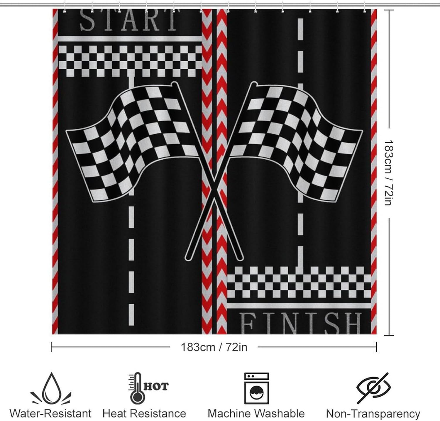 Brebasf Modern Racing Car for Bathroom Shower Curtains Sets with Rugs 4Pcs,Teens Extreme Sports Theme Race Car Start&Finish Checkered Flag Shower Curtains Sets (12Hooks)