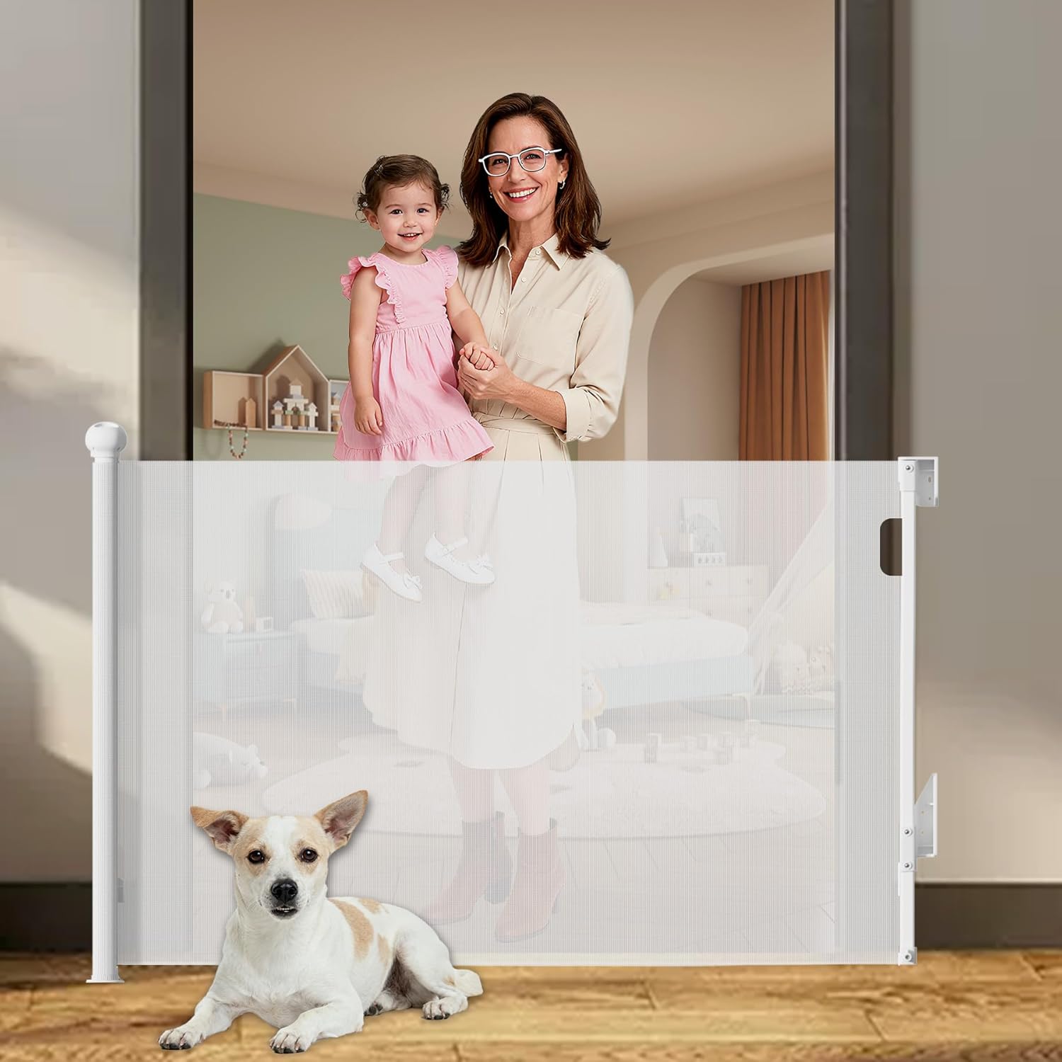 Retractable Baby Gate for Stairs Doorways - Extra Wide 55" No-Drill Pressure Mount OR Screw Mount, Space Saving Mesh Gate with No Bottom Bar Trip Hazard, for Indoor Outdoor Use with Kids, Dogs & Cats
