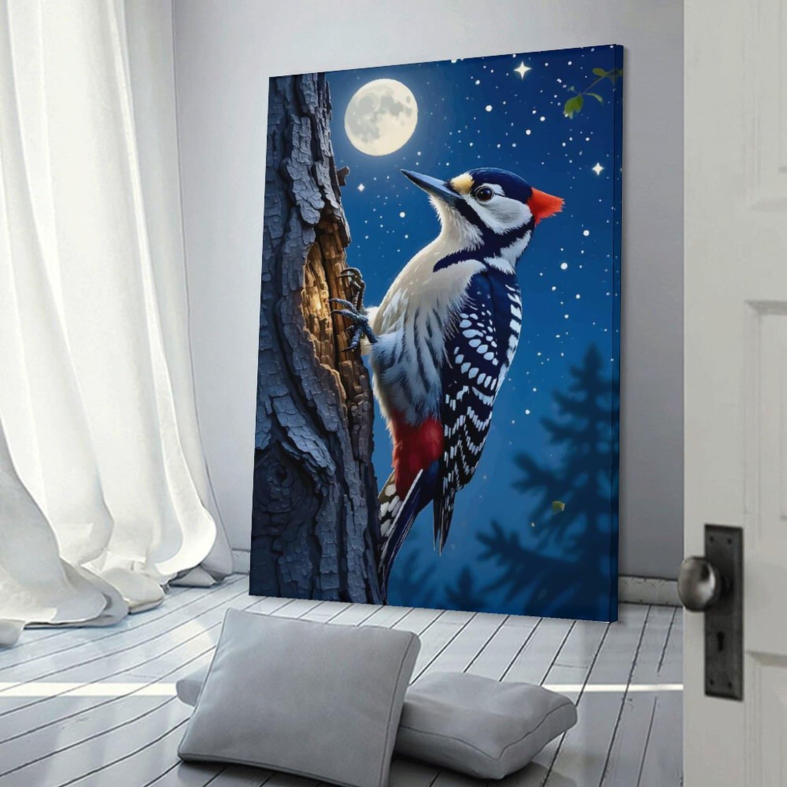 Junmoney Woodpecker in A Moonlit Forest Wall Picture Print, 24x36inch(60x90cm), for Art Walls, Layered Displays Or Homes, Home Wall Art for Statement Displays