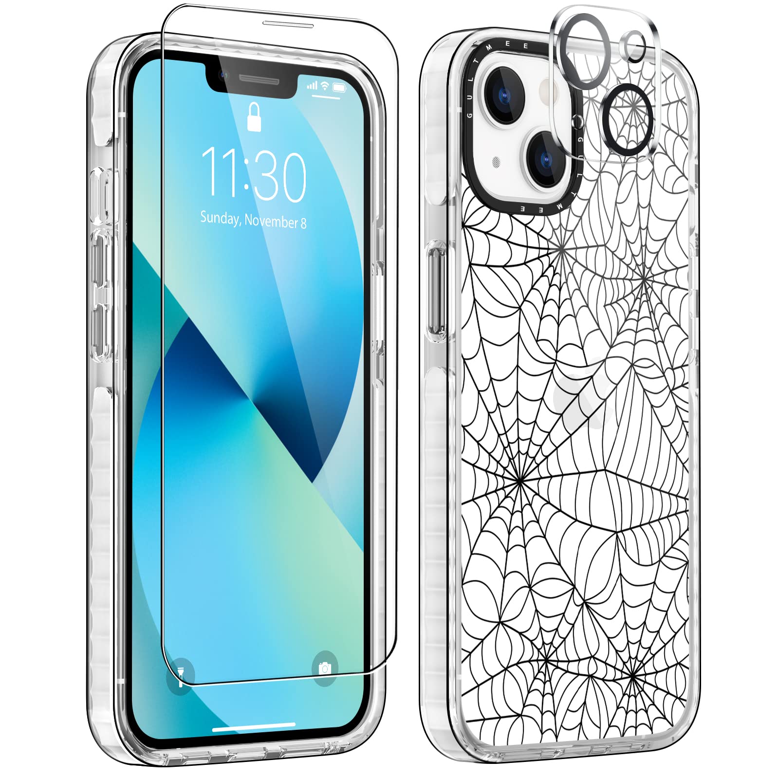 GULTMEE [3 in 1 for iPhone 13 Case 6.1 inch,with Tempered Glass Screen Protector + Camera Lens Protector Spider Web Design with Shockproof PC Bumper