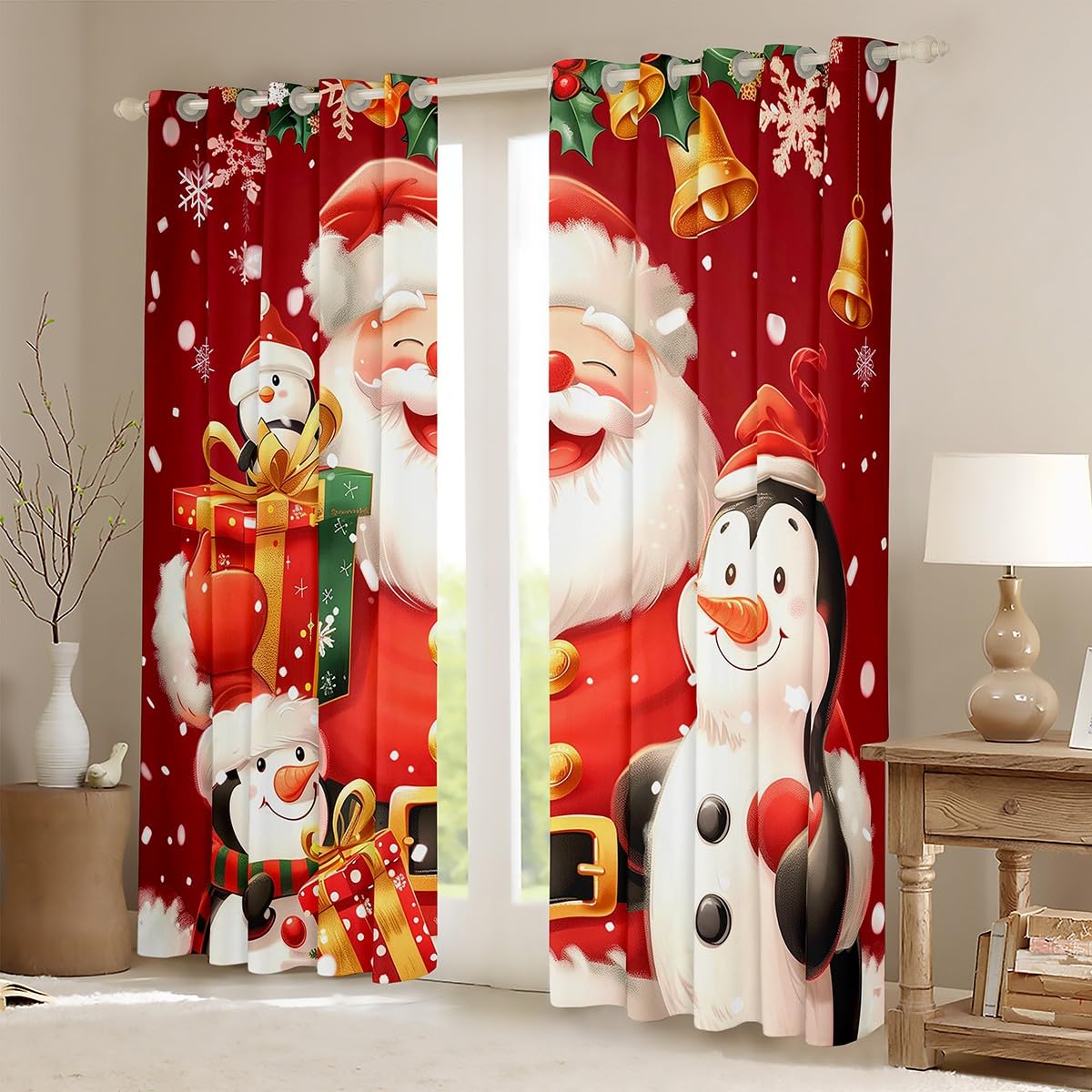 Cartoon Santa Claus Window Curtains Cute Penguin Curtain Merry Christmas Window Drapes for Kid Teens Boys Young Man Xmas Berry Leaves Bedroom Decorative,42Wx84L