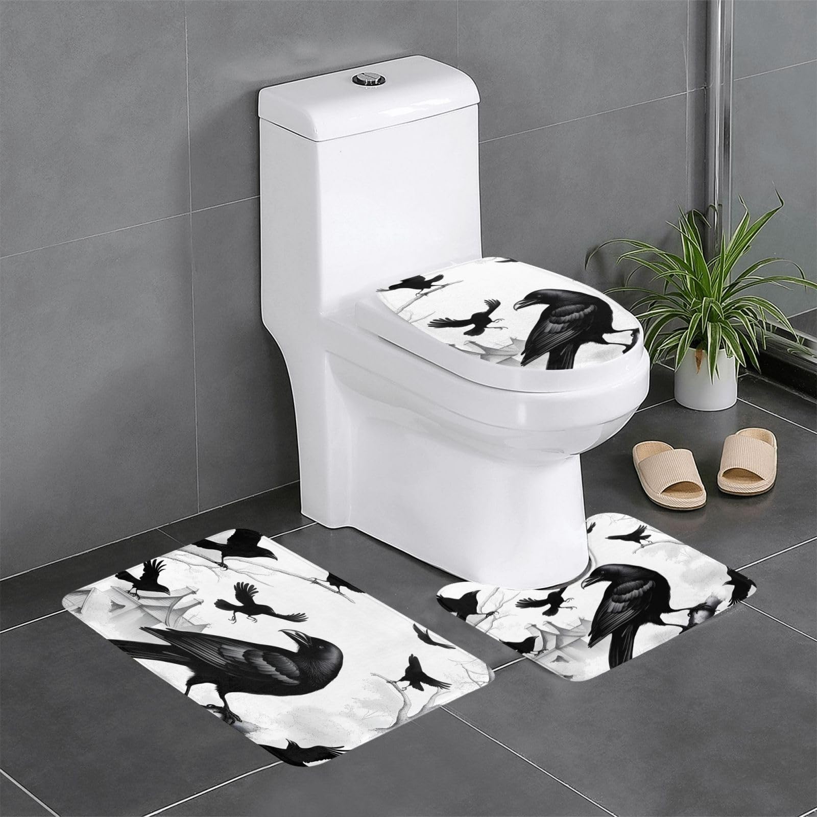 Tapis de salle de bain antidérapants corbeau noir en lot de 3 pièces