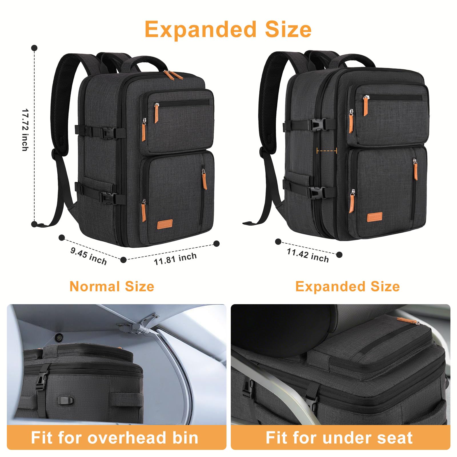 MOSISO Zaino Viaggio 40 Litri Donna e Uomo, Zaino Viaggio Approvato per il | Volo con Porta di Ricarica USB e 3 Scomparti, 17-17,3 pollici Zaini Espandibile per Laptop per Ufficio, Lavoro, Viaggi, Nero
